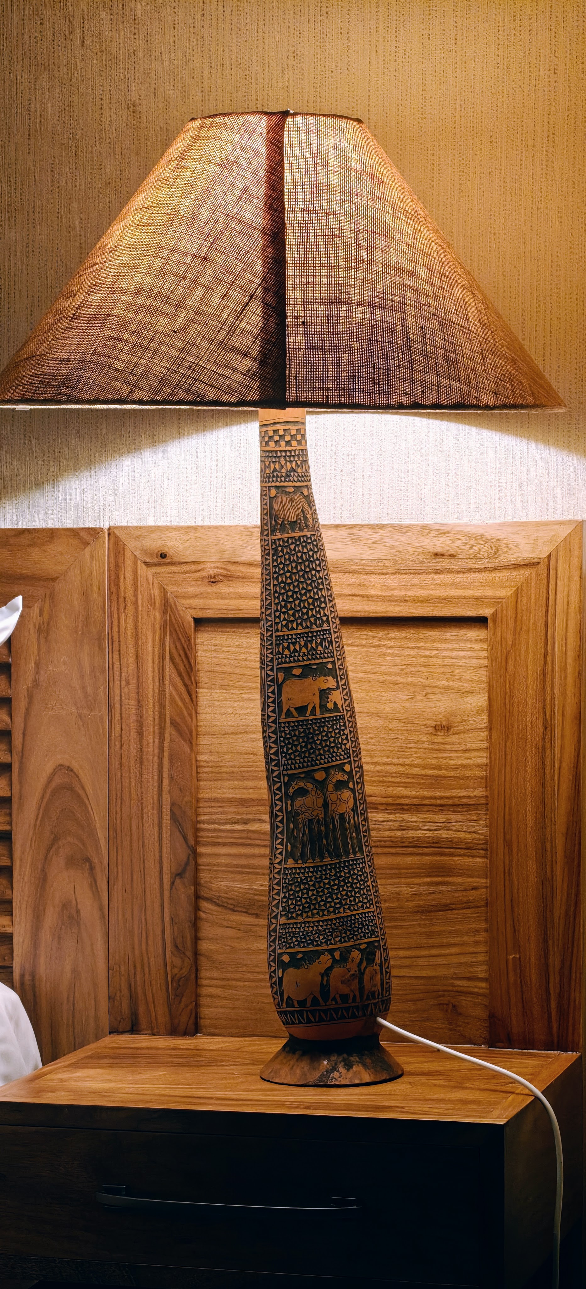 Hand-carved African table lamp detail