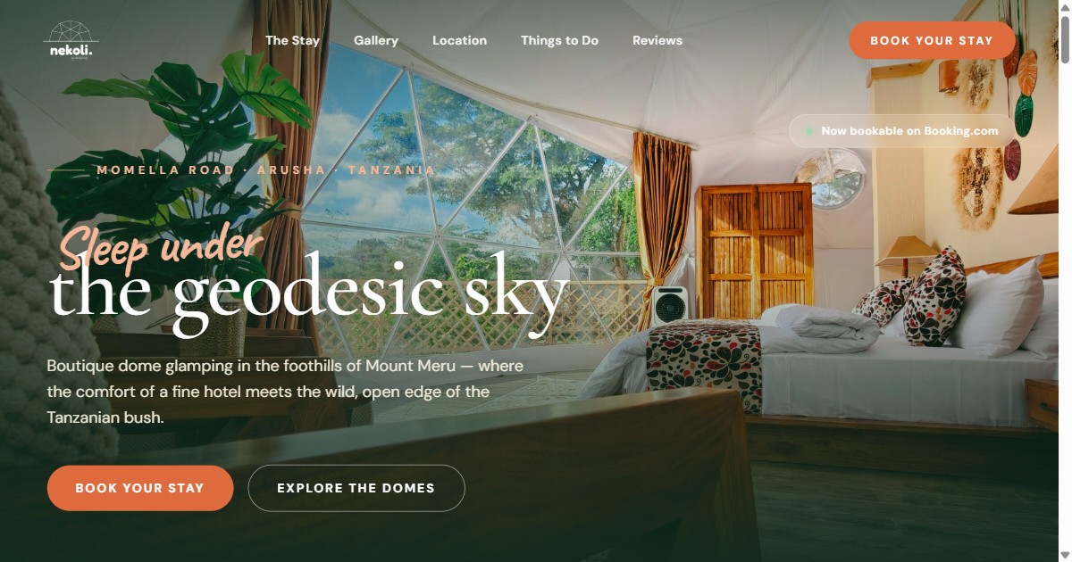 Inside a Nekoli geodesic dome looking out to Mount Meru, Arusha, Tanzania
